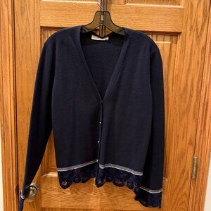Tory Burch Merino Wool Cardigan, Navy with Velvet Lace Trim, XL